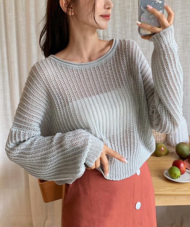クロップドラウンドネックニット・全4色・t01325 レディース 【tops】トップス ニット 長袖 透け感 シアー シースルー シンプル クロップド丈 カジュアル シンプル ドロップショルダー サマーニット 春 夏 ベージュ 韓国ファッション 年上