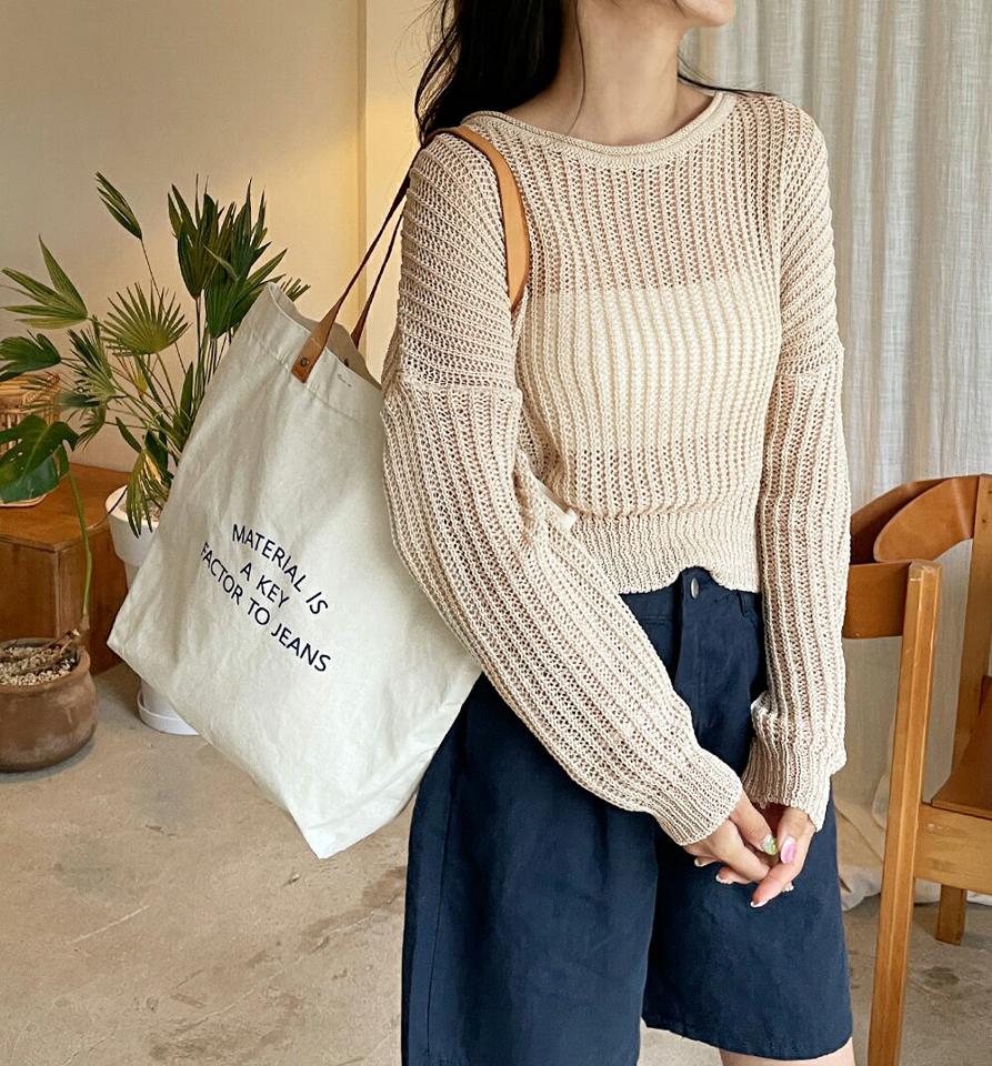 クロップドラウンドネックニット・全4色・t01325 レディース 【tops】トップス ニット 長袖 透け感 シアー シースルー シンプル クロップド丈 カジュアル シンプル ドロップショルダー サマーニット 春 夏 ベージュ 韓国ファッション 年上