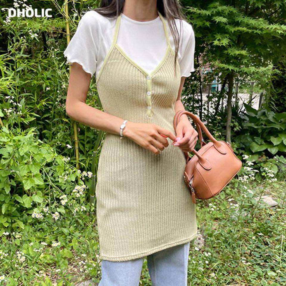 ホルターネックロングニット・全4色・t01327 レディース 【tops】トップス ニット スリーブレス ノースリーブ キャミソール ロング丈 膝上 ホルターネック レイヤード シンプル カジュアル タイと Vネック ワンピース 夏 韓国ファッション