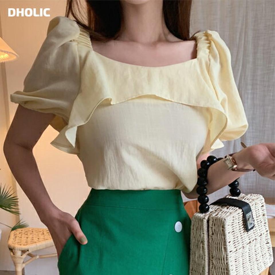 2WAYラッフルブラウス・全3色・t01295 レディース 【bl】トップス ブラウス 半袖 袖コン ラッフル フリル ガーリー 大人 かわいい 可愛い フェミニン オフショルダー デコルテ 鎖骨 二の腕カバー 黄色 パステル 夏 韓国ファッション