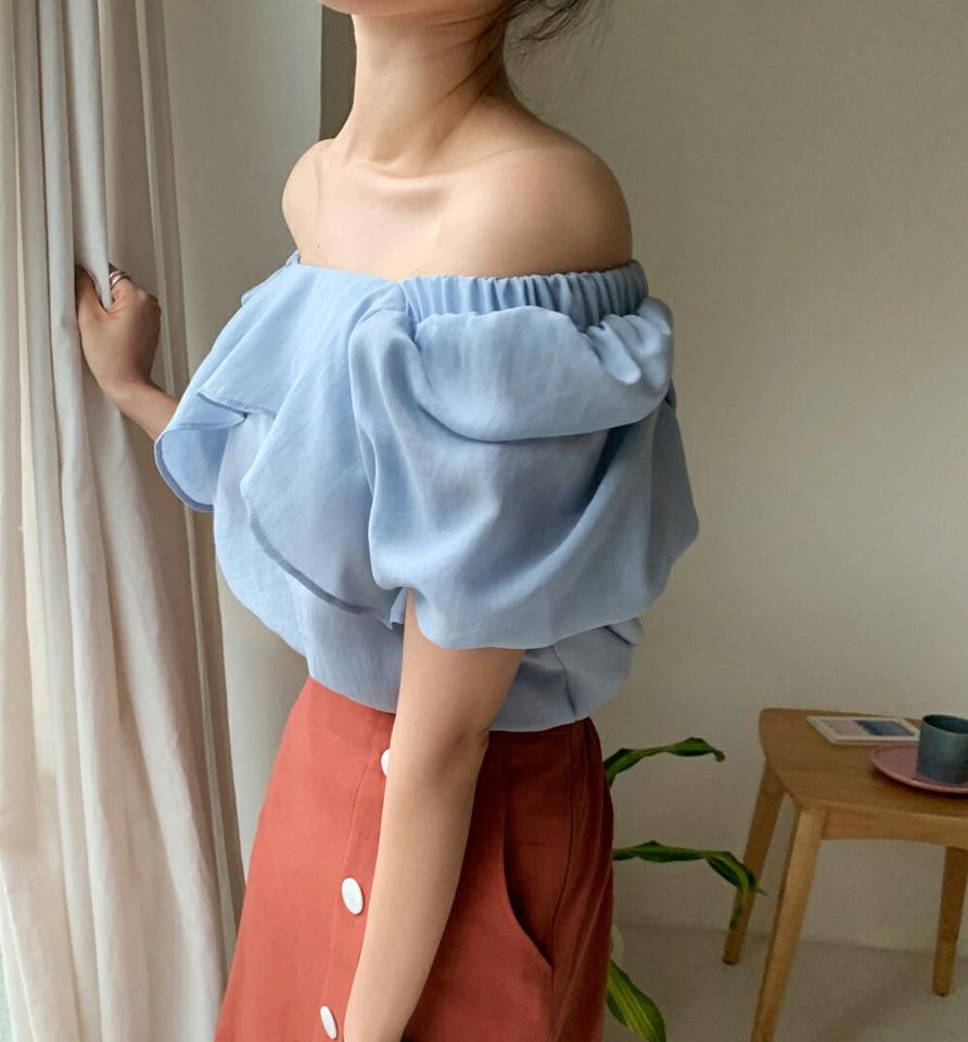 2WAYラッフルブラウス・全3色・t01295 レディース 【bl】トップス ブラウス 半袖 袖コン ラッフル フリル ガーリー 大人 かわいい 可愛い フェミニン オフショルダー デコルテ 鎖骨 二の腕カバー 黄色 パステル 夏 韓国ファッション