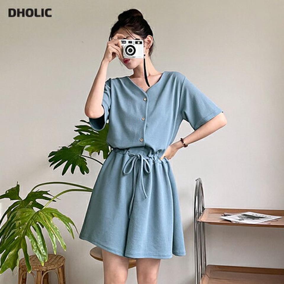 Vネックハーフオールインワン・全3色・t01307 レディース 【pt】オールインワン パンツ ズボン ショートパンツ 短パン ハーフスリーブ 半袖 Vネック 単色 無地 シンプル ストリング ウエストゴム リンクル ワイド 水色 夏 韓国ファッション