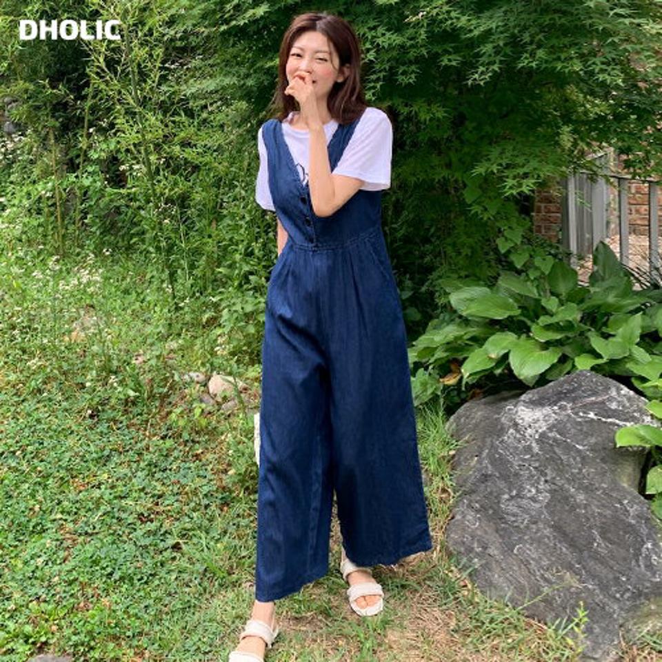 リボンデニムオールインワン・全2色・b01324 レディース 【pt】オールインワン パンツ ズボン ロングパンツ スリーブレス ノースリーブ レイヤード デニム シンプル カジュアル ラフ タック ワイド Vネック 春 夏 韓国ファッション