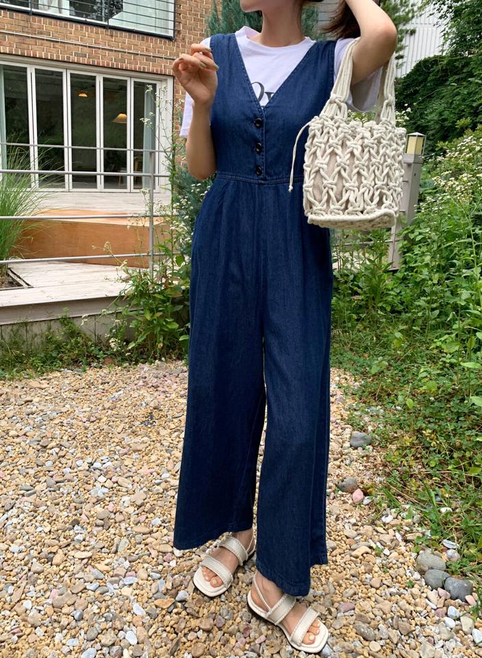 リボンデニムオールインワン・全2色・b01324 レディース 【pt】オールインワン パンツ ズボン ロングパンツ スリーブレス ノースリーブ レイヤード デニム シンプル カジュアル ラフ タック ワイド Vネック 春 夏 韓国ファッション