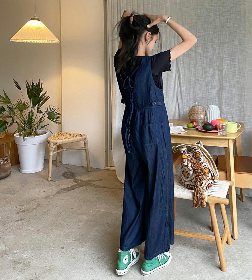 リボンデニムオールインワン・全2色・b01324 レディース 【pt】オールインワン パンツ ズボン ロングパンツ スリーブレス ノースリーブ レイヤード デニム シンプル カジュアル ラフ タック ワイド Vネック 春 夏 韓国ファッション