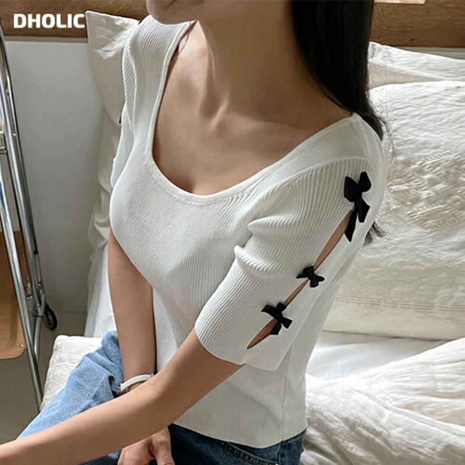 リボンスリットスリーブニット・全2色・t01298 レディース 【tops】トップス ニット 半袖 カットアウト りぼん スリット ガーリー 大人 かわいい 可愛い スクエアネック デコルテ 鎖骨 リブ 夏 サマーニット 韓国ファッション