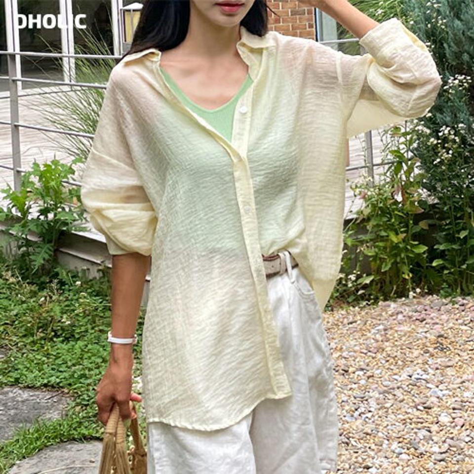 リンクルオーバーフィットシャツ・全5色・t01296 レディース 【bl】トップス シャツ 長袖 リンクル オーバーサイズ ゆったり ドロップショルダー 襟 単色 無地 シンプル カジュアル 透け感 シアー シースルー 黄色 大人 春 夏 韓国ファッション