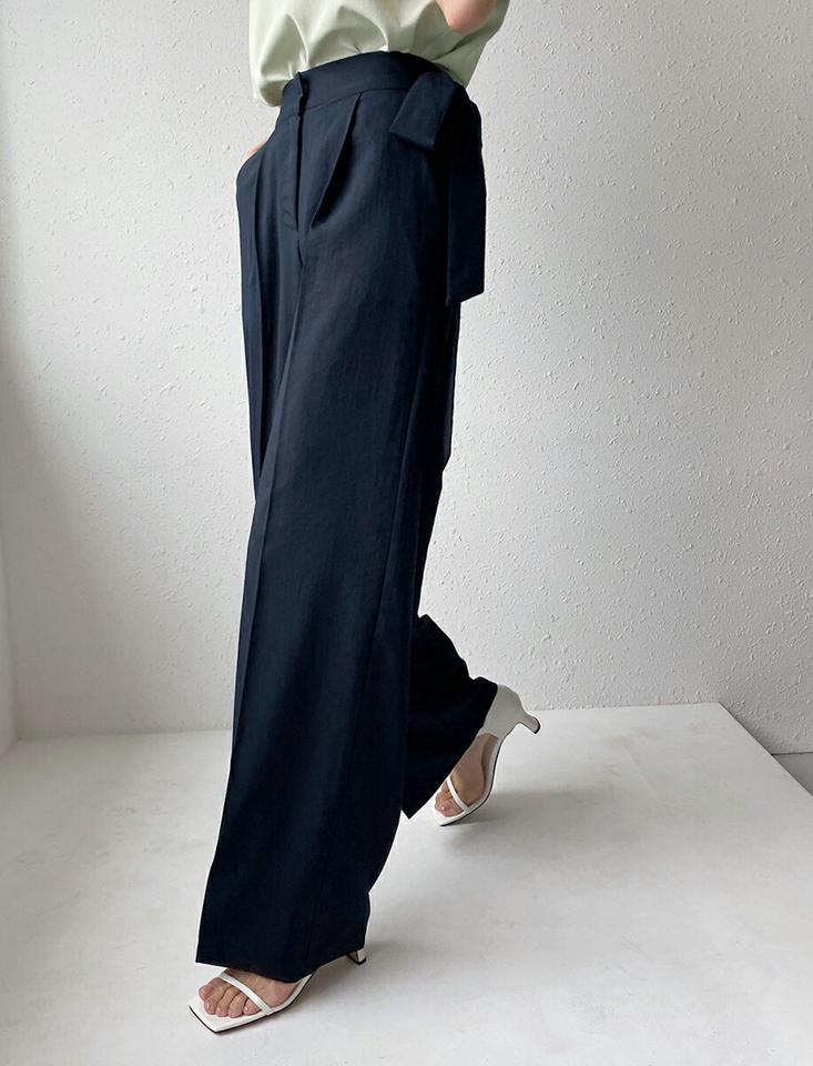 リボンワイドスラックス・全2色・b72369 レディース 【pt】スラックス パンツ ロング丈 単色 無地 シンプル ベーシック りぼん リボン ワイド ハイウエスト タック 春 夏 フェミニン オフィスカジュアル 緑 韓国ファッション ハイホリHIHOLLI