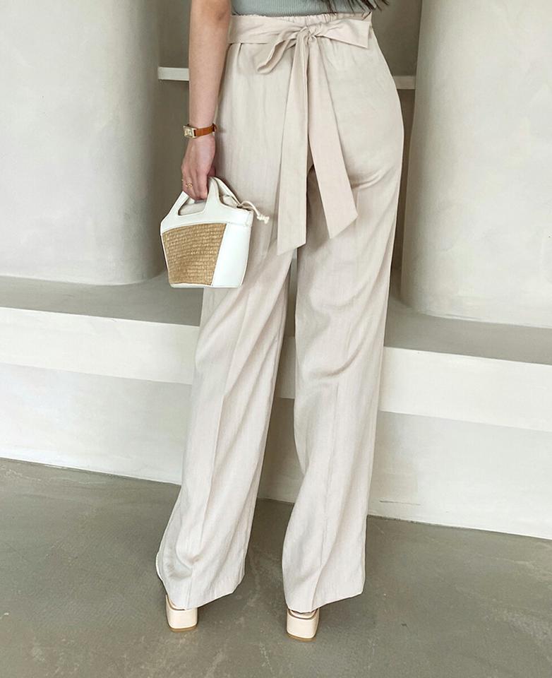 リボンワイドスラックス・全2色・b72369 レディース 【pt】スラックス パンツ ロング丈 単色 無地 シンプル ベーシック りぼん リボン ワイド ハイウエスト タック 春 夏 フェミニン オフィスカジュアル 緑 韓国ファッション ハイホリHIHOLLI