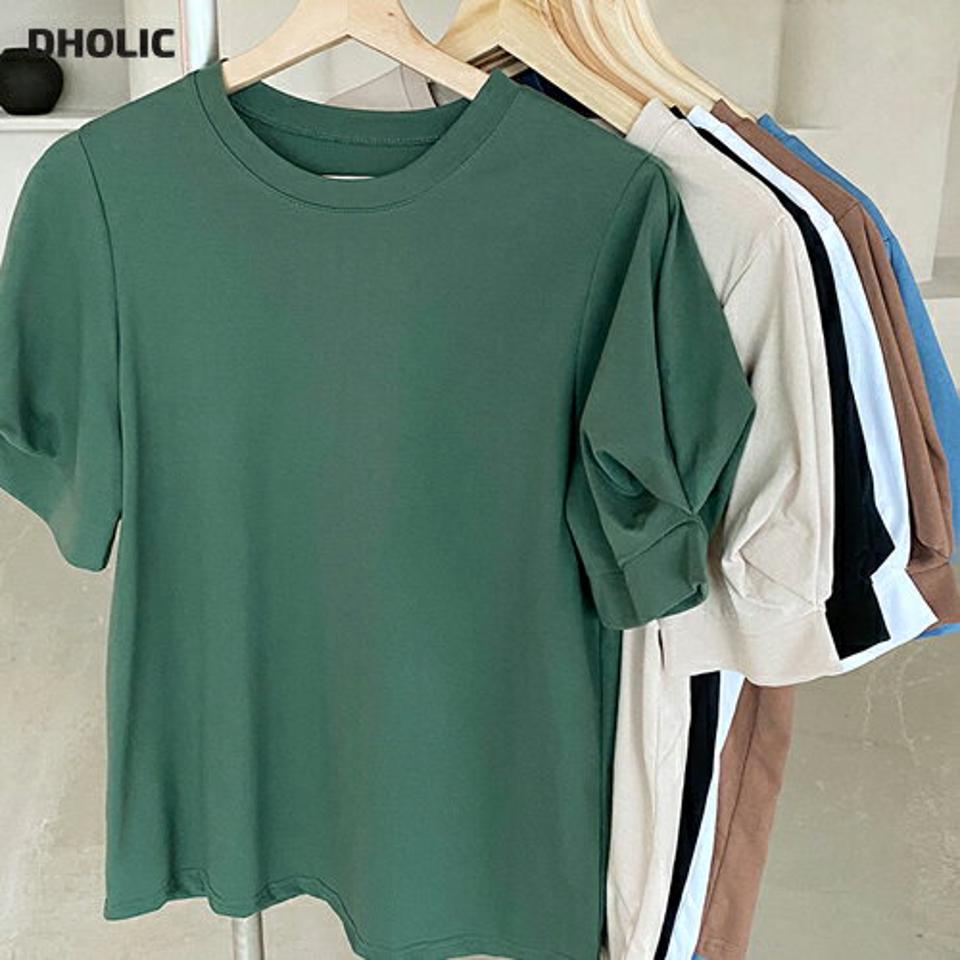 タックパフスリーブTシャツ・全6色・b72332 レディース 【tops】トップス 半袖 Tシャツ 単色 無地 シンプル ベーシック タック パフスリーブ パフ袖 ロング丈 二の腕カバー 春 夏 フェミニン 深緑 韓国ファッション ハイホリHIHOLLI