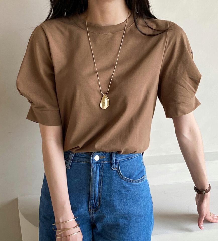 タックパフスリーブTシャツ・全6色・b72332 レディース 【tops】トップス 半袖 Tシャツ 単色 無地 シンプル ベーシック タック パフスリーブ パフ袖 ロング丈 二の腕カバー 春 夏 フェミニン 深緑 韓国ファッション ハイホリHIHOLLI