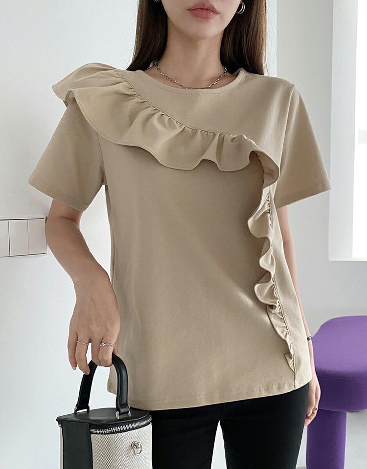 ダイアゴナルフリルTシャツ・全3色・b72333 レディース 【tops】トップス 半袖 単色 フリル ユニーク パステル ダイアゴナル 春 夏 カジュアル フェミニン かわいい 可愛い ガーリー ベージュ 韓国ファッション ハイホリHIHOLLI