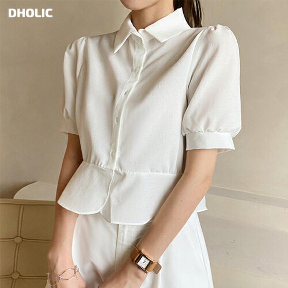 カラークロップドペプラムブラウス・全4色・t72340 レディース 【bl】ブラウス トップス 半袖 単色 無地 シンプル ベーシック 襟 お腹カバー 二の腕カバー オフィスカジュアル クロップド丈 春 夏 ペプラム 白 韓国ファッション ハイホリHIHOLLI