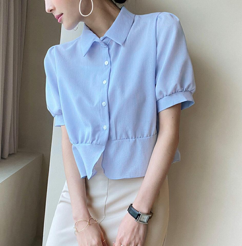 カラークロップドペプラムブラウス・全4色・t72340 レディース 【bl】ブラウス トップス 半袖 単色 無地 シンプル ベーシック 襟 お腹カバー 二の腕カバー オフィスカジュアル クロップド丈 春 夏 ペプラム 白 韓国ファッション ハイホリHIHOLLI