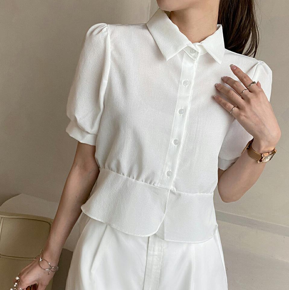 カラークロップドペプラムブラウス・全4色・t72340 レディース 【bl】ブラウス トップス 半袖 単色 無地 シンプル ベーシック 襟 お腹カバー 二の腕カバー オフィスカジュアル クロップド丈 春 夏 ペプラム 白 韓国ファッション ハイホリHIHOLLI