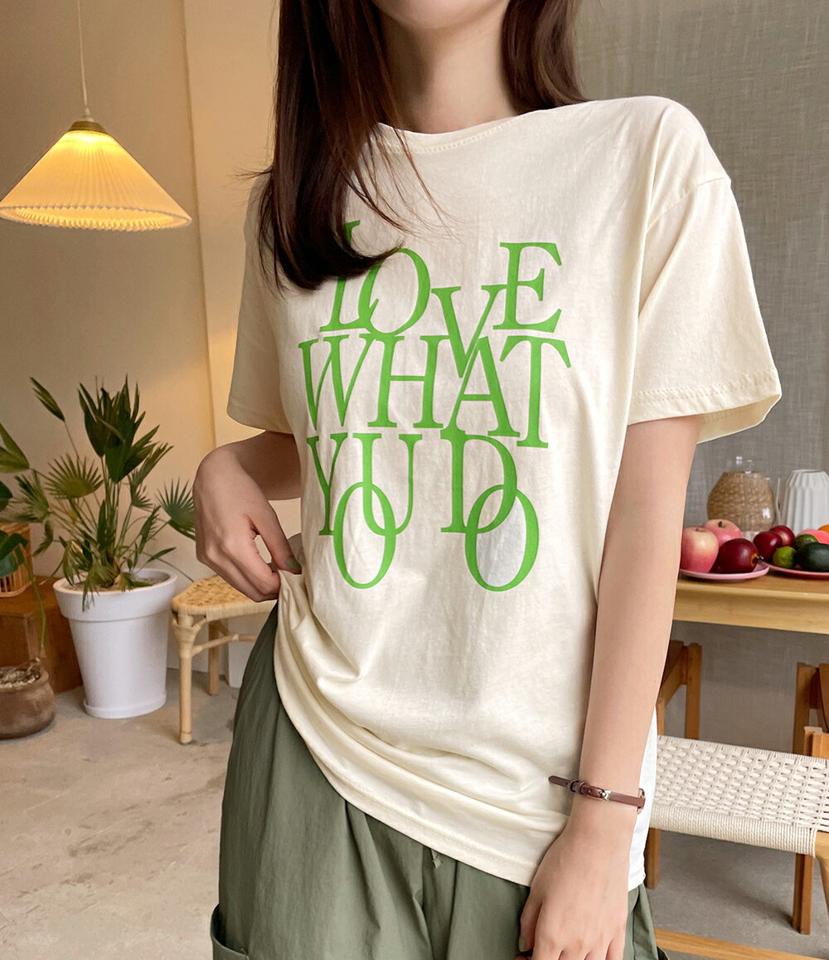 【10%OFF】LOVE WHAT YOU DOTシャツ・全3色・t01289 レディース 【tops】トップス Tシャツ 半袖 ロゴ レタリング ロゴT カジュアル ラフ かわいい ラウンドネック パステル 黄緑 コットン 綿 春 夏 韓国ファッション セール SALE