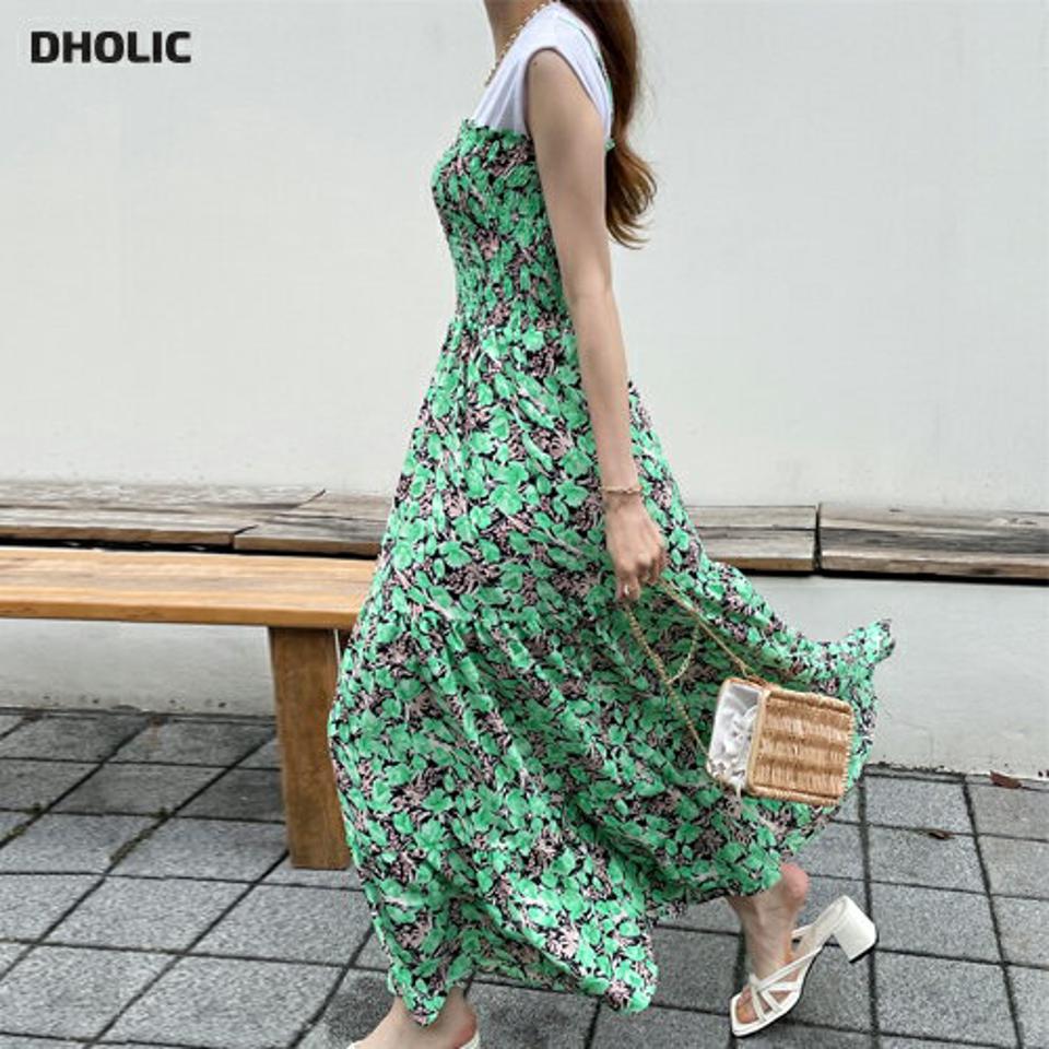 【10%OFF】プリントキャミワンピース・全3色・t72639 レディース 【ops】ワンピース ロング丈 キャミワンピース 柄 模様 スクエアネック 鎖骨 デコルテ リゾート ティアード フレア 春 夏 フェミニン グリーン 緑 韓国ファッション ハイホリHIHOLLI セール SALE