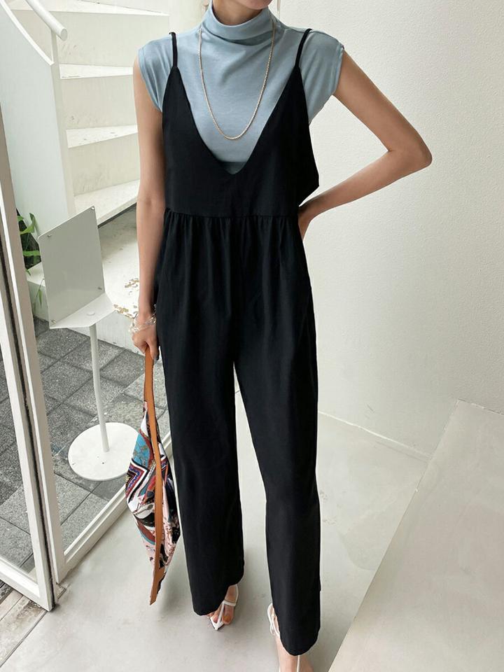 Vネックワイドオールインワン・全2色・t72638 レディース 【pt】オールインワン パンツ 単色 無地 シンプル ベーシック ラフ 楽ちん パステル ロング丈 体型カバー ゆったり 春 夏 カジュアル 大人 黄緑 カーキ 韓国ファッション ハイホリHIHOLLI