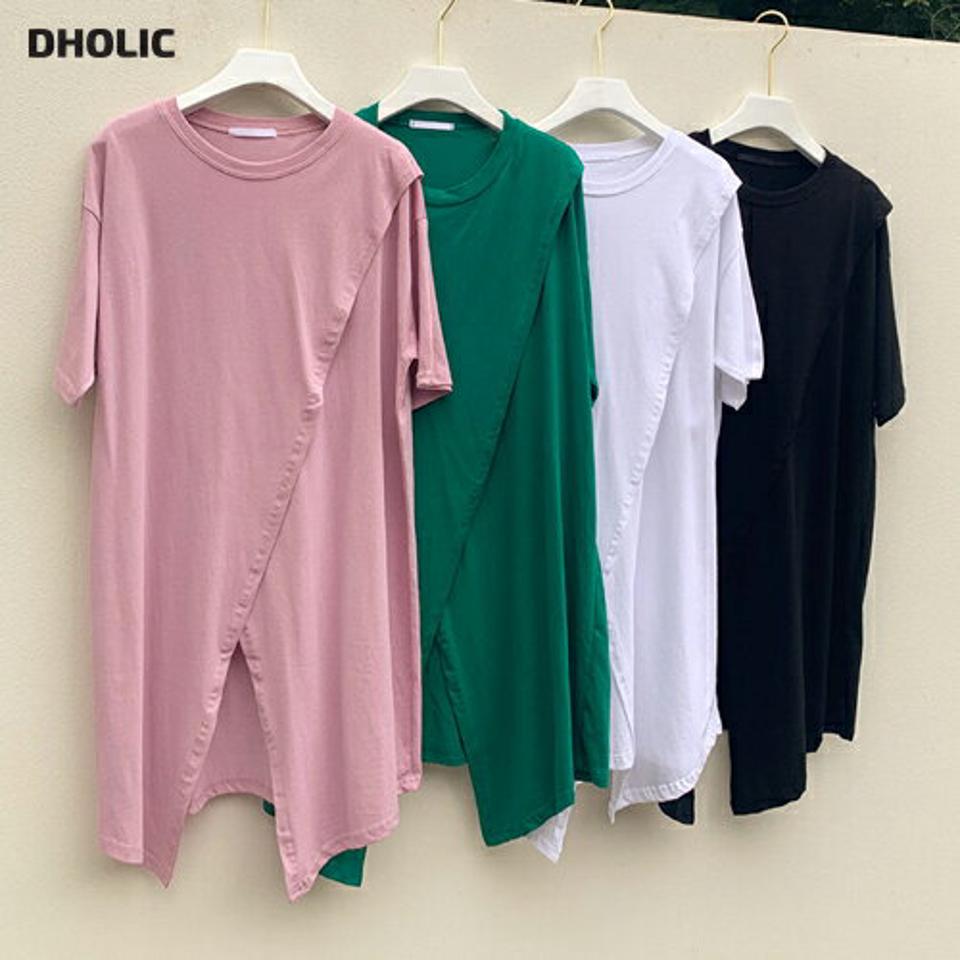 ダイアゴナルスリットロングTシャツ・全5色・b72637 レディース 【tops】トップス 半袖 Tシャツ 単色 無地 シンプル パステル ドロップショルダー ルーズ 楽ちん ラフ ロング丈 春 夏 カジュアル ピンク 緑 白 黒 韓国ファッション ハイホリHIHOLLI