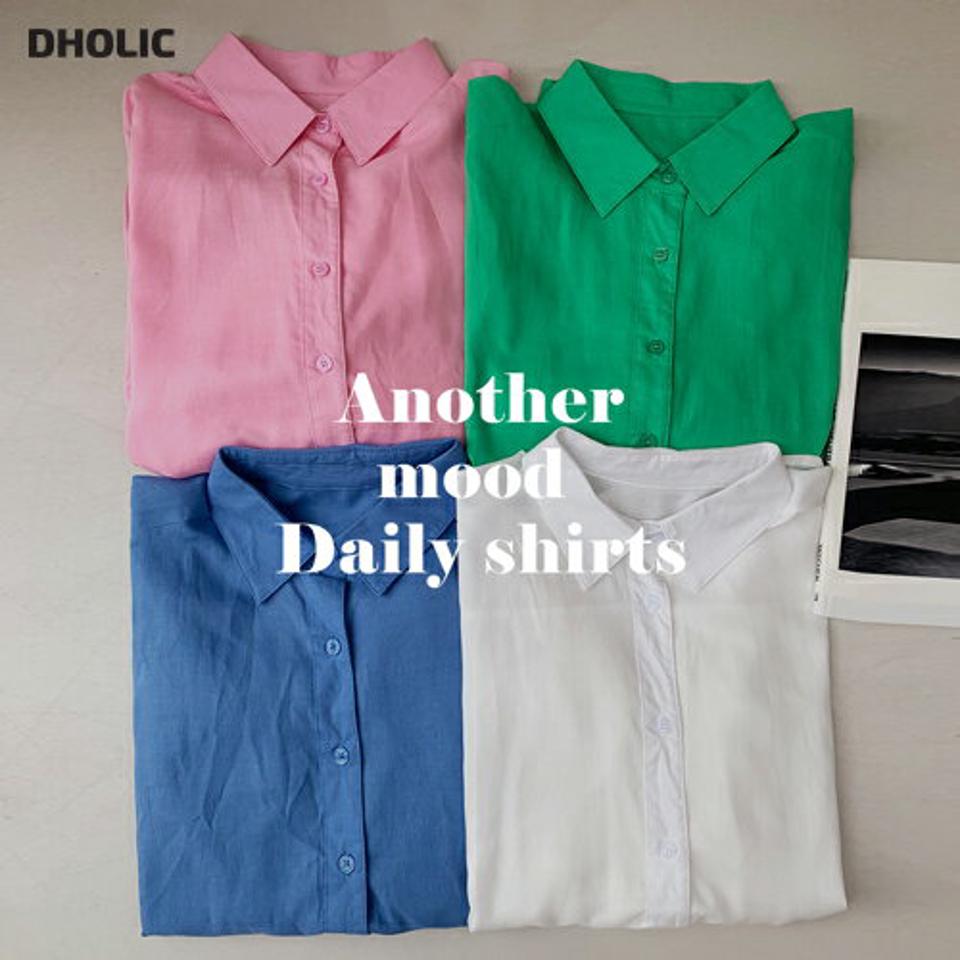 コットンカラーシャツ・全4色・t72629 レディース 【bl】ブラウス トップス 長袖 単色 無地 シンプル ベーシック パステル 襟 ボタン リネン混 ロング丈 綿 リネン 春 夏 カジュアル 水色 白 ピンク 緑 韓国ファッション ハイホリHIHOLLI