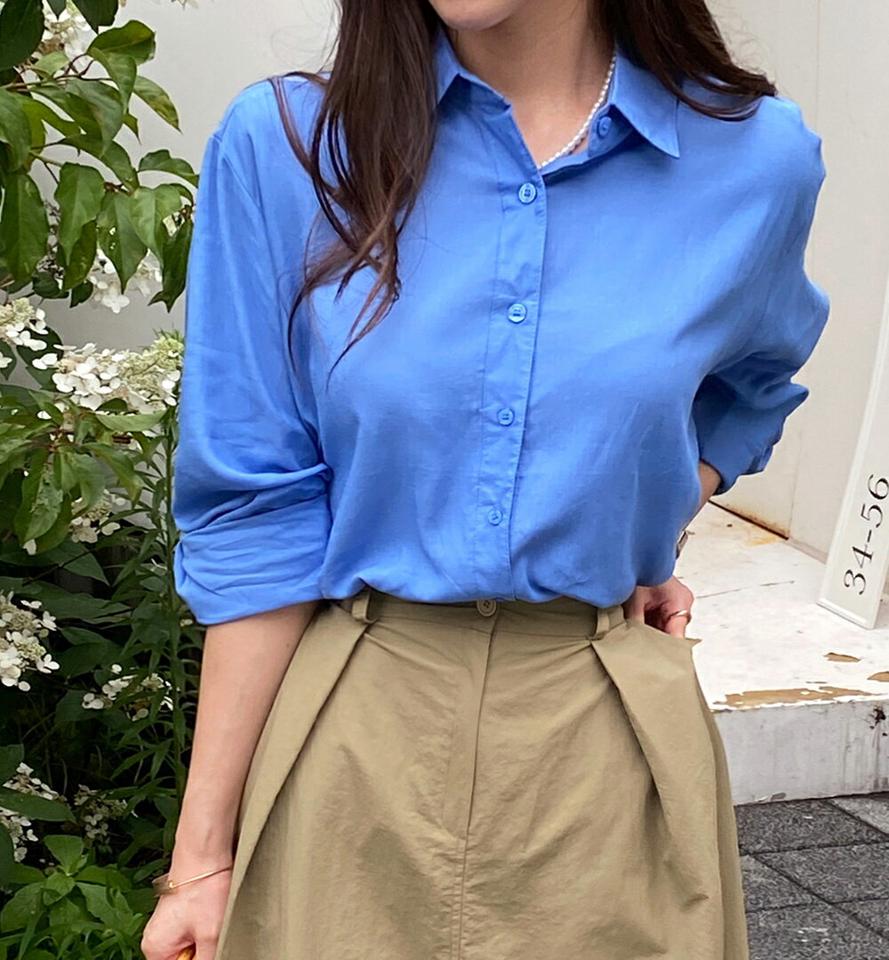 コットンカラーシャツ・全4色・t72629 レディース 【bl】ブラウス トップス 長袖 単色 無地 シンプル ベーシック パステル 襟 ボタン リネン混 ロング丈 綿 リネン 春 夏 カジュアル 水色 白 ピンク 緑 韓国ファッション ハイホリHIHOLLI