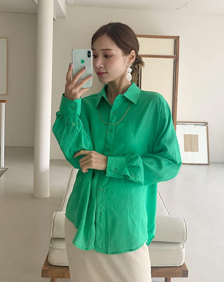 コットンカラーシャツ・全4色・t72629 レディース 【bl】ブラウス トップス 長袖 単色 無地 シンプル ベーシック パステル 襟 ボタン リネン混 ロング丈 綿 リネン 春 夏 カジュアル 水色 白 ピンク 緑 韓国ファッション ハイホリHIHOLLI