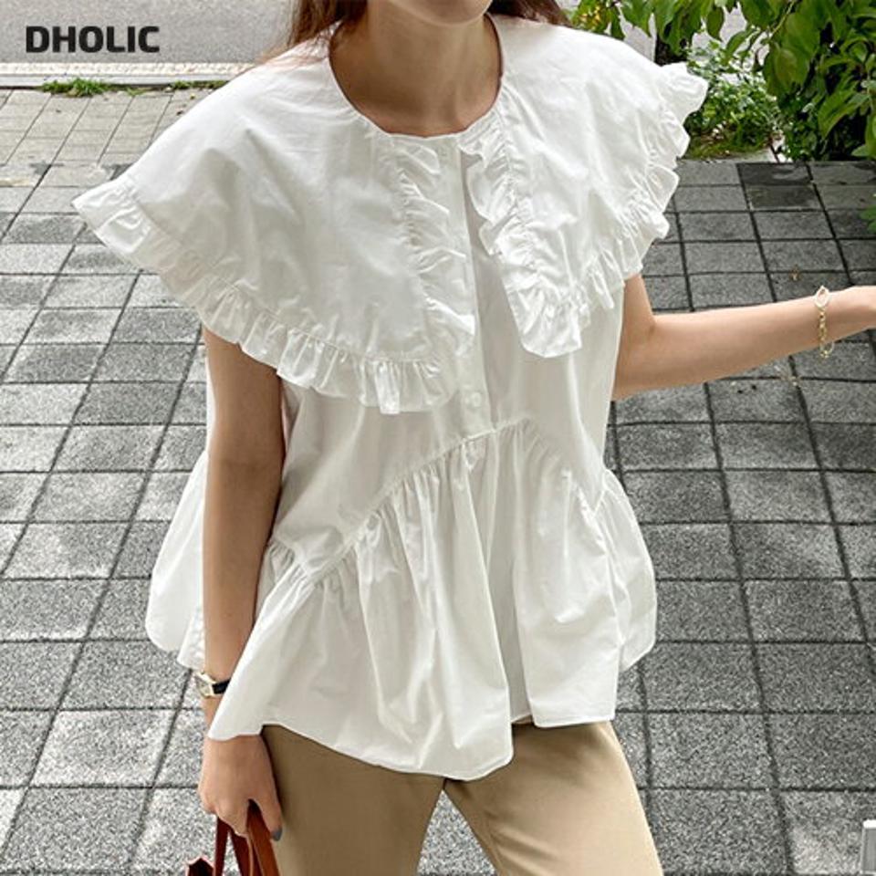 ビッグフリルカラーブラウス・全3色・t72627 レディース 【bl】ブラウス トップス ノースリーブ 二の腕カバー 襟コン お腹カバー 体型カバー 単色 無地 フリル アンバランス 春 夏 フェミニン ガーリー 白 韓国ファッション ハイホリHIHOLLI