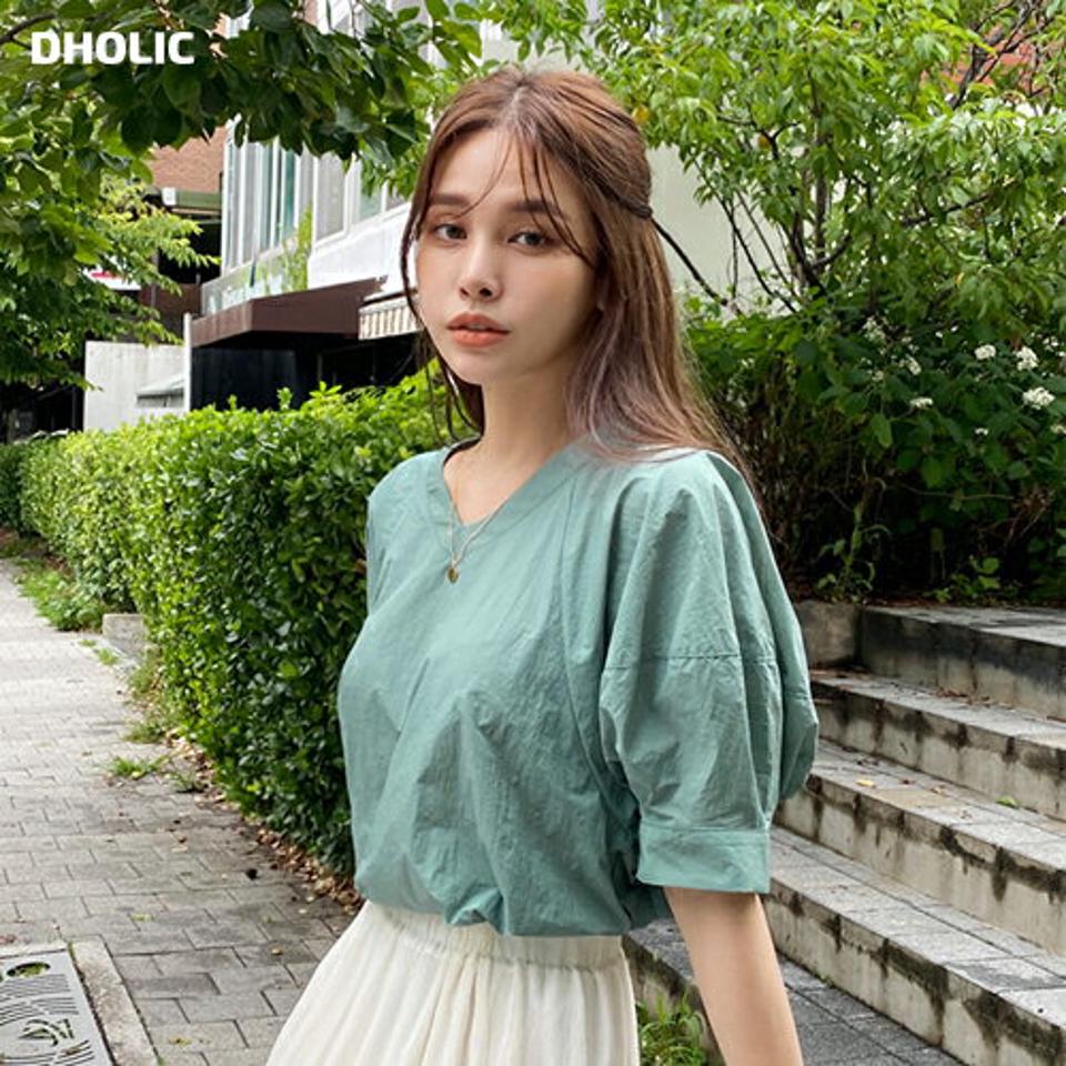 Vネックリボンブラウス・全3色・b72625 レディース 【bl】ブラウス トップス 半袖 単色 無地 シンプル ベーシック Vネック 鎖骨 デコルテ パステル 二の腕カバー バックシャン パフ袖 春 夏 フェミニン 黄緑 韓国ファッション ハイホリHIHOLLI