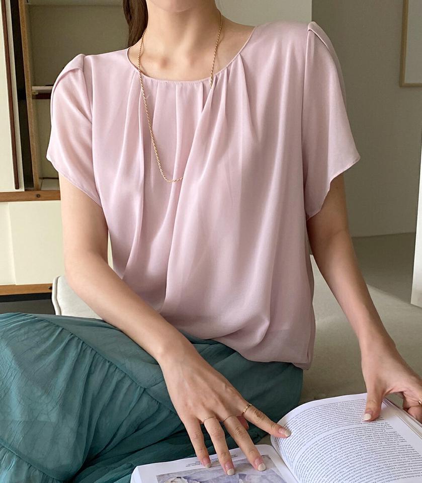 【10%OFF】スリットスリーブシフォンブラウス・全4色・b72624 レディース 【bl】ブラウス トップス 単色 無地 シンプル ベーシック 半袖 オフィスカジュアル シフォン タック フレア スリット 春 夏 フェミニン 白 韓国ファッション ハイホリHIHOLLI セール SALE