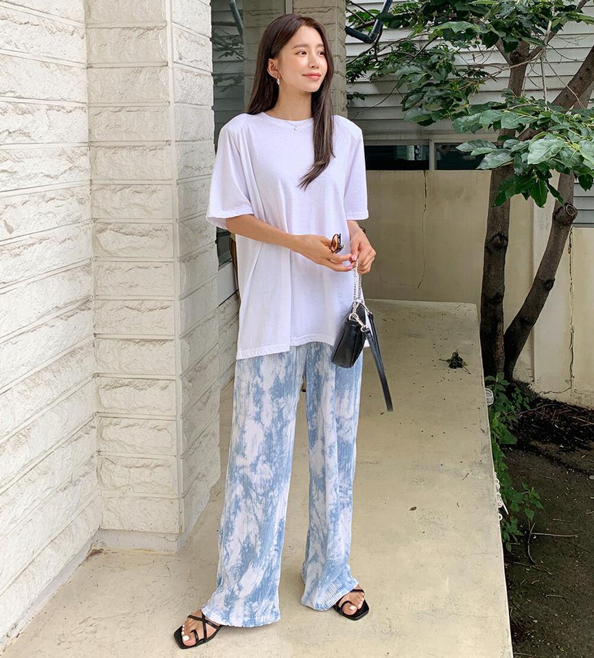 タイダイプリーツワイドパンツ・全3色・t00922 レディース 【pt】パンツ ズボン ロングパンツ ワイド プリーツ タイダイ 柄 模様 たいだい マーブル ウエストゴム 楽ちん ラフ ハイウエスト 水色 パステル ストリート 韓スト 夏 韓国ファッション