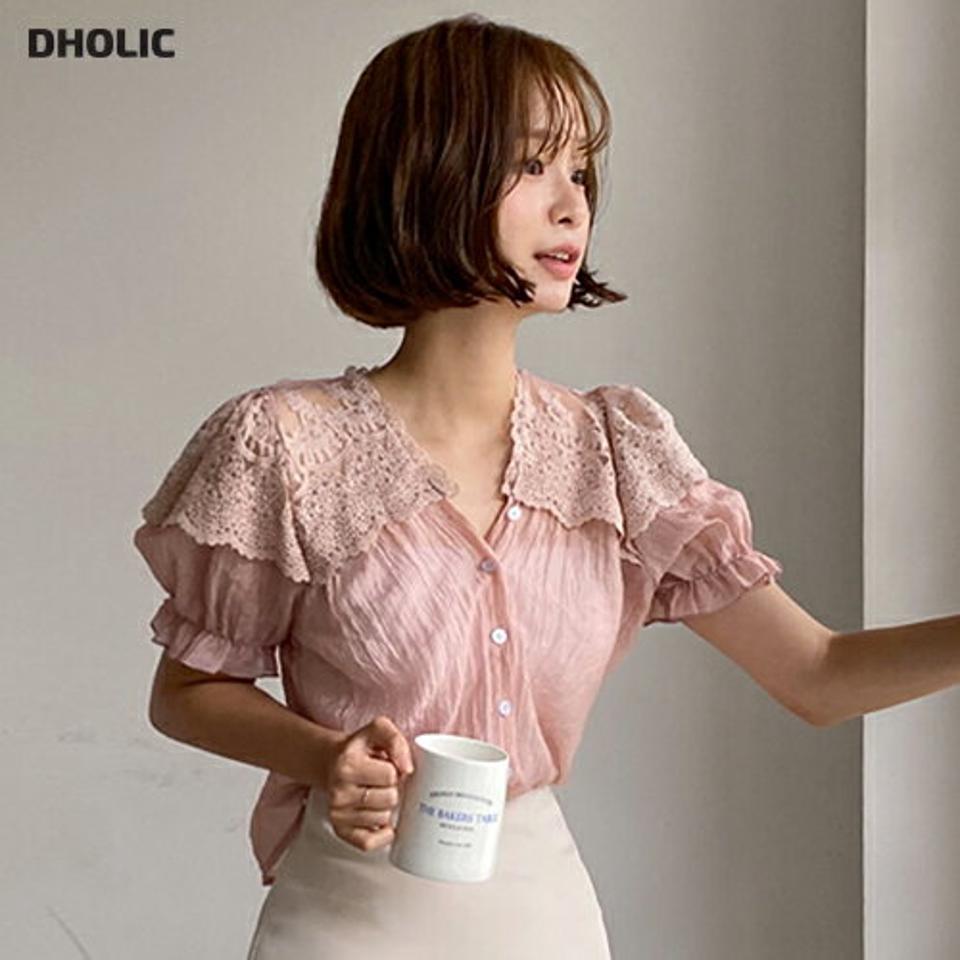 レースコントラストクロップドブラウス・全2色・b00933 レディース 【bl】トップス ブラウス 半袖 パフスリーブ フリル 袖コン クロップド丈 レース コントラスト 上品 きれいめ フェミニン かわいい 可愛い ピンク リンクル 夏 韓国ファッション