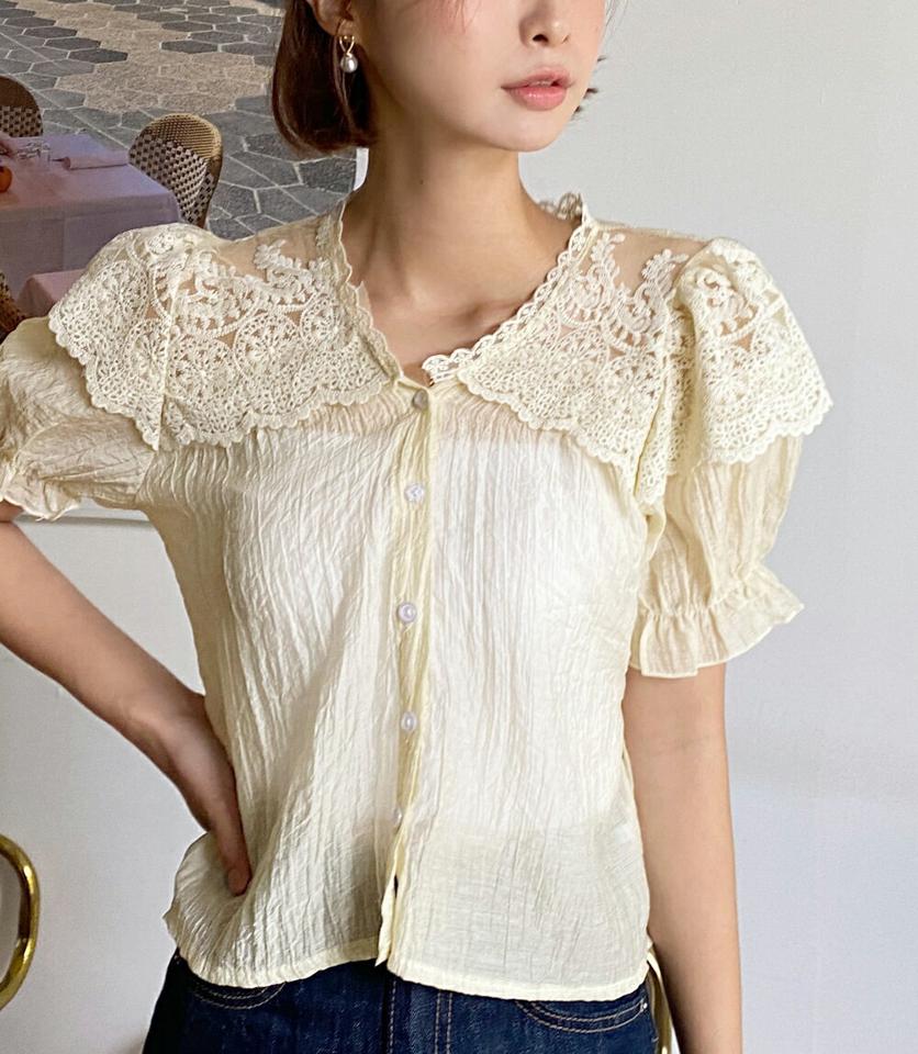 レースコントラストクロップドブラウス・全2色・b00933 レディース 【bl】トップス ブラウス 半袖 パフスリーブ フリル 袖コン クロップド丈 レース コントラスト 上品 きれいめ フェミニン かわいい 可愛い ピンク リンクル 夏 韓国ファッション