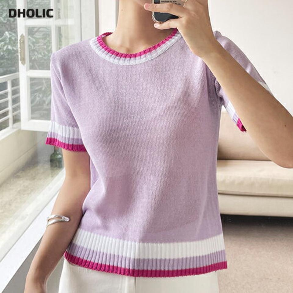 マルチ配色ライン半袖ニット・全4色・t00910 レディース 【tops】トップス ニット 年上 半袖 ライン 配色 ラウンドネック カジュアル 大人 かわいい 可愛い ピンク 紫 夏 韓国ファッション
