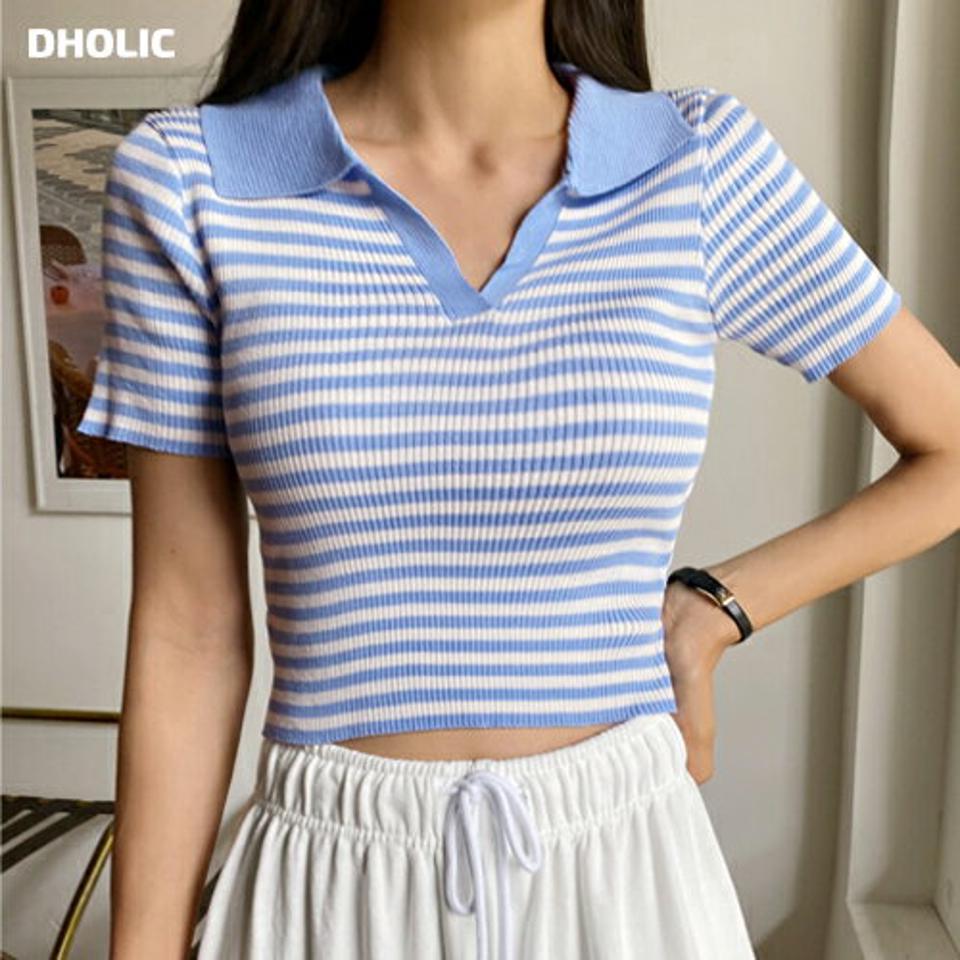 カラーボーダークロップドニット・全3色・b00909 レディース 【tops】トップス ニット 半袖 ボーダー柄 ポロ襟 Vネック ピチ タイト スリム カジュアル 大人 Y2K 水色 夏 韓国ファッション