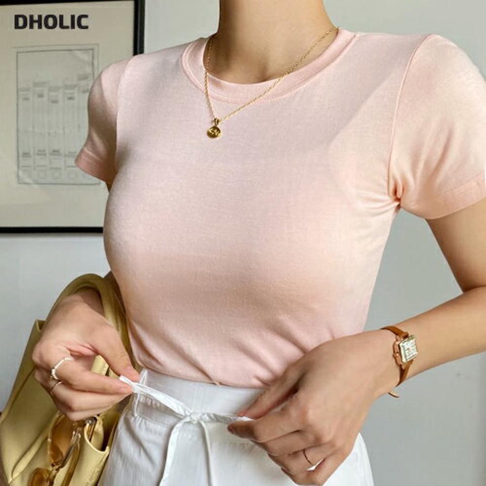 レーヨン混ラウンドネック半袖Tシャツ・全4色・t00906 レディース 【tops】トップス Tシャツ 半袖 単色 無地 シンプル ベーシック 大人 カジュアル ラウンドネック ピチT ピンク パステル クロップド丈 Y2K 夏 韓国ファッション