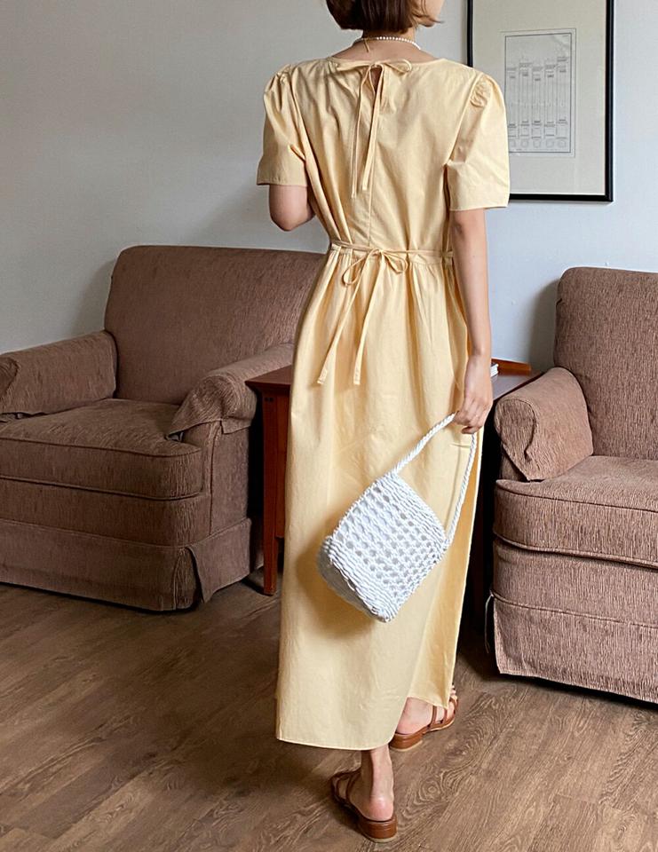 バックリボンパフワンピース・全3色・t00903 レディース 【ops】ワンピース ロング丈 ロングワンピース 半袖 ハーフスリーブ パフスリーブ 二の腕カバー りぼん ラウンドネック シンプル フェミニン かわいい 可愛い フレア 夏 韓国ファッション