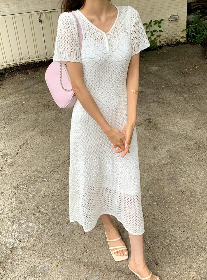 スリップ付パンチングニットワンピースSET・全3色・b00900 レディース 【ops】ワンピース セット ロング丈 ロングワンピース ニット パンチング スリップ ノースリーブ キャミソール 半袖 かわいい インナー フレア 夏 韓国ファッション