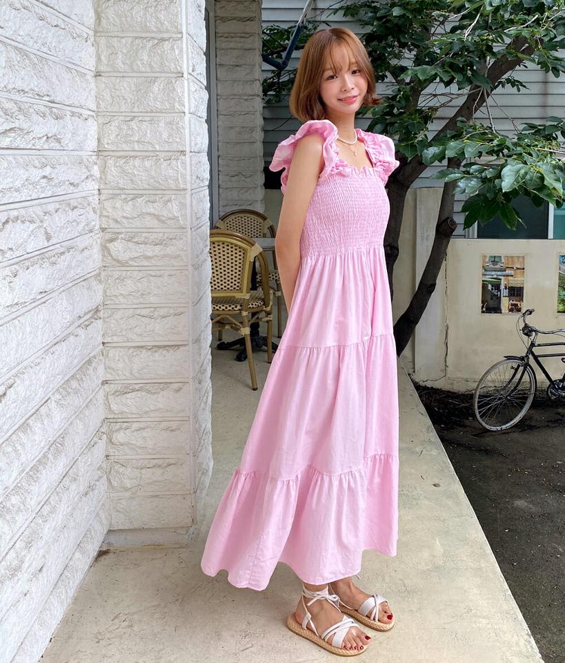 2TYPEシャーリングティアードワンピース・全5色・t00898 レディース 【ops】ワンピース ロング スリーブレス ノースリーブ フリル ティアード 体型カバー リゾート ギンガム チェック柄 ガーリー シンプル 無地 単色 ピンク 緑 夏 韓国ファッション