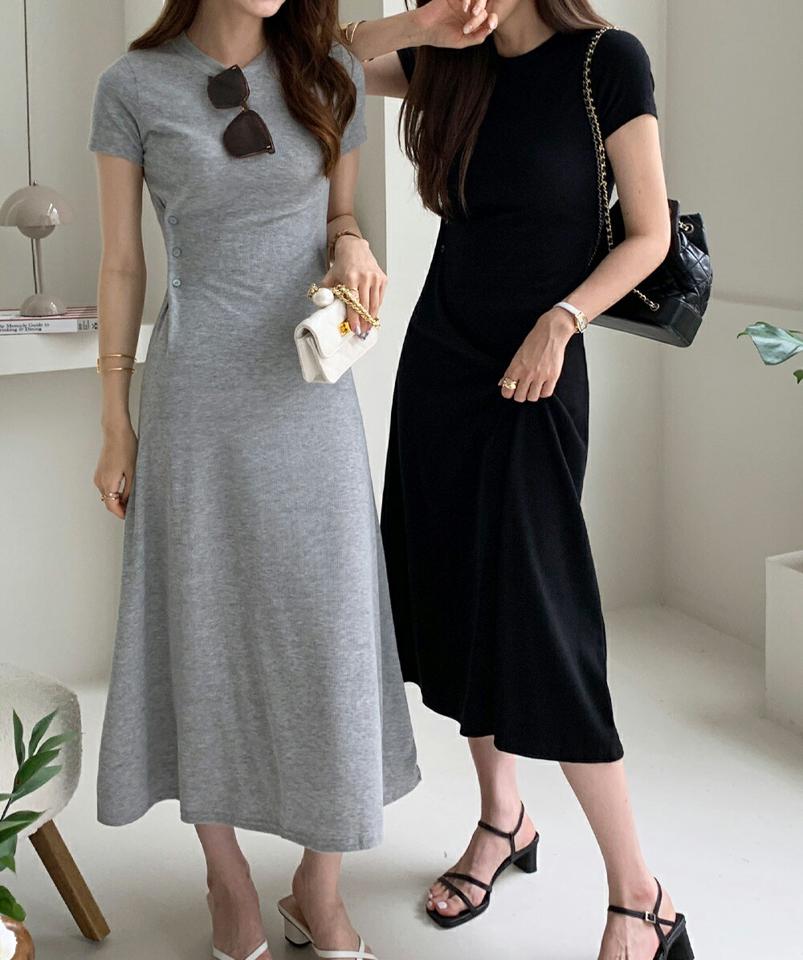 スリムフィットボタンワンピース・全3色・b00828 レディース 【ops】ワンピース 半袖 ロング丈 フレア 単色 無地 シンプル カジュアル ラフ ワンマイルウェア スリム 細身 春 夏 フェミニン 灰色 黒 韓国ファッション ハイホリHIHOLLI