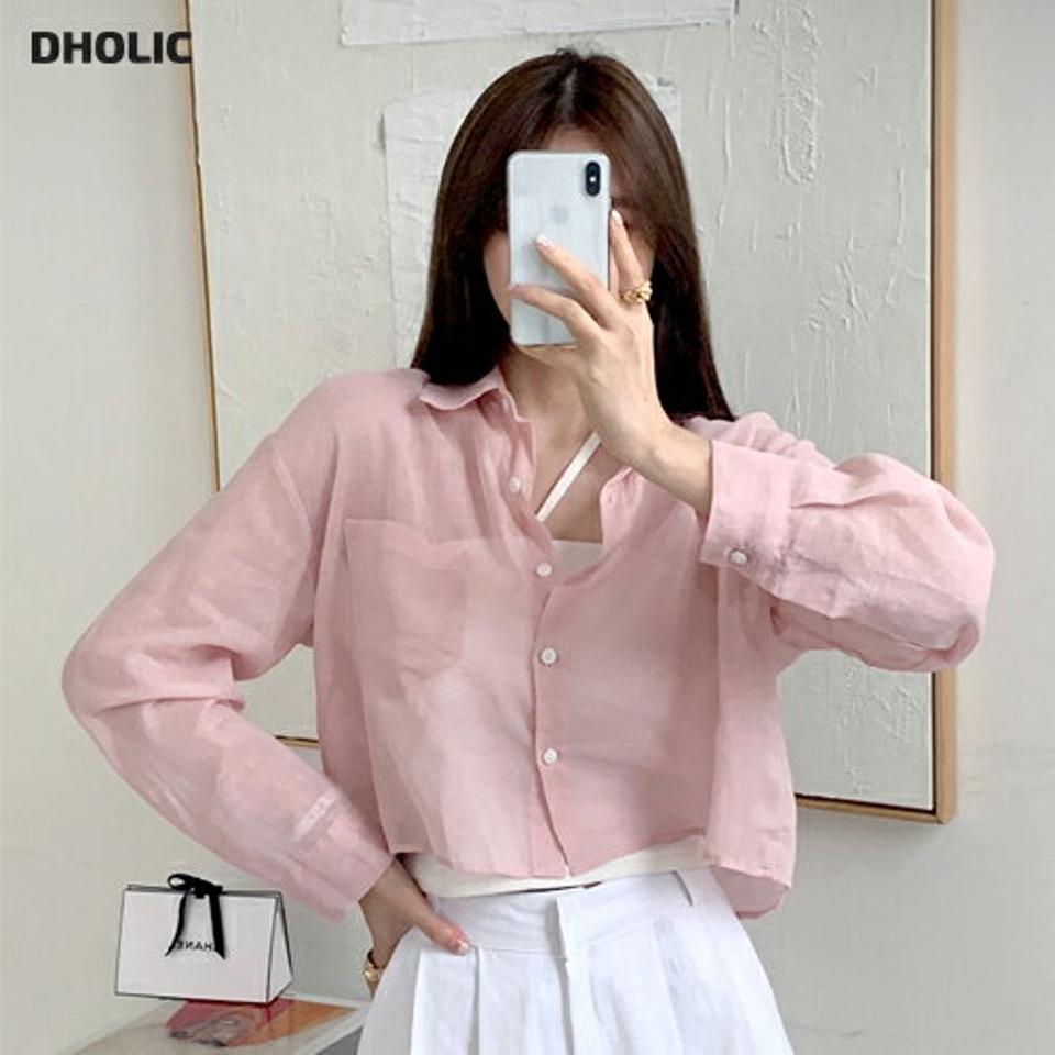 リネン混シースルークロップドシャツ・全5色・t00826 レディース 【bl】ブラウス トップス 長袖 シャツ シースルー シアー リネン混 透け感 ボタン 襟 リネン混 クロップド パステル 春 夏 カジュアル ピンク 韓国ファッション ハイホリHIHOLLI