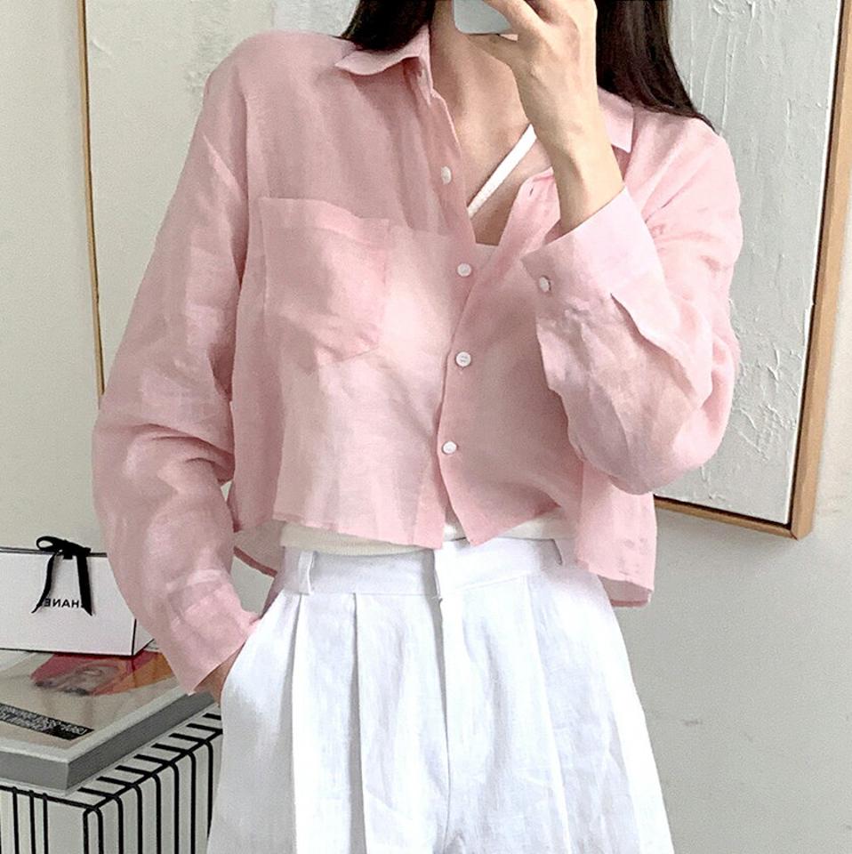 リネン混シースルークロップドシャツ・全5色・t00826 レディース 【bl】ブラウス トップス 長袖 シャツ シースルー シアー リネン混 透け感 ボタン 襟 リネン混 クロップド パステル 春 夏 カジュアル ピンク 韓国ファッション ハイホリHIHOLLI