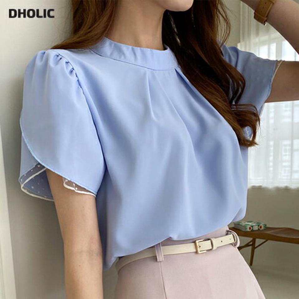 ドットレーススリーブブラウス・全3色・b00822 レディース 【bl】ブラウス トップス 半袖 パステル 異素材 ドット レース ラブリー ハーフネック タック オフィスカジュアル 春 夏 フェミニン 水色 上品 韓国ファッション ハイホリHIHOLLI