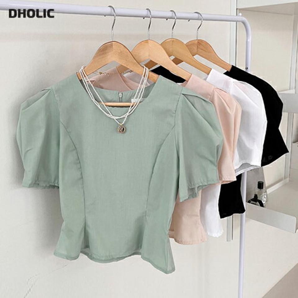 パフスリーブクロップドブラウス・全4色・t00848 レディース 【bl】ブラウス トップス パステル 半袖 クロップド丈 パフ袖 パフスリーブ キュート タック 二の腕カバー かわいい 可愛い 春 夏 黄緑 ピンク 白 黒 韓国ファッション ハイホリHIHOLLI