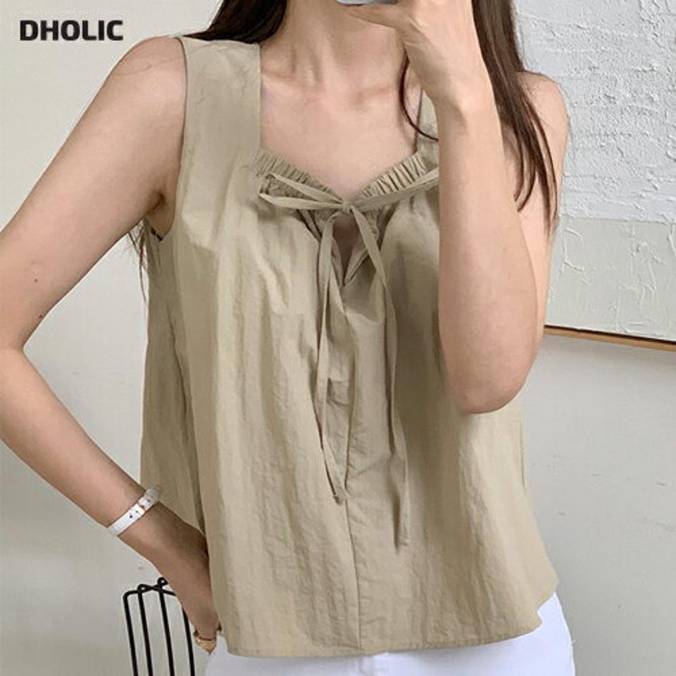 リボンノースリーブ・全4色・t00816 レディース 【tops】トップス ノースリーブ スリーブレス 単色 無地 シンプル リボン スクエアネック 鎖骨 デコルテ お腹カバー クロップド丈 春 夏 フェミニン ベージュ 韓国ファッション ハイホリHIHOLLI