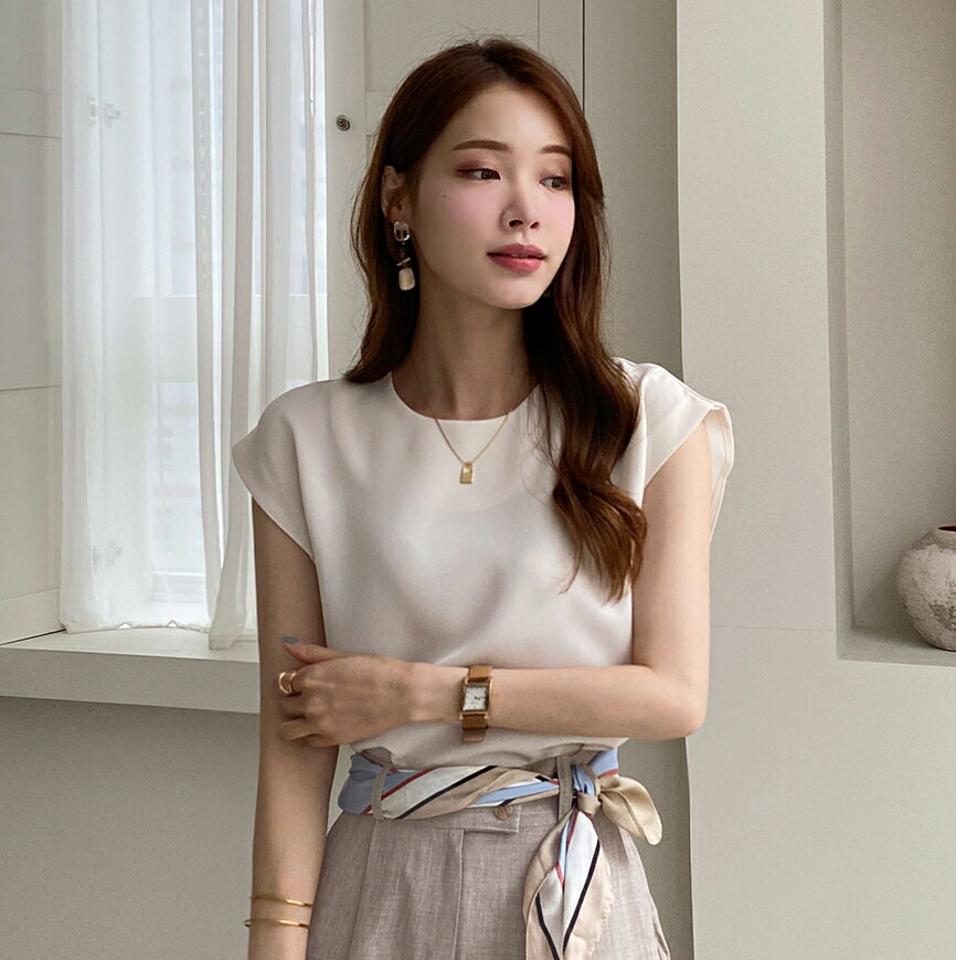 【10%OFF】フレンチスリーブブラウス・全3色・t00814 レディース 【bl】ブラウス トップス 半袖 フレンチスリーブ 単色 無地 シンプル ベーシック オフィスカジュアル タック ロング丈 上品 春 夏 フェミニン アイボリー 白 韓国ファッション ハイホリHIHOLLI セール SALE