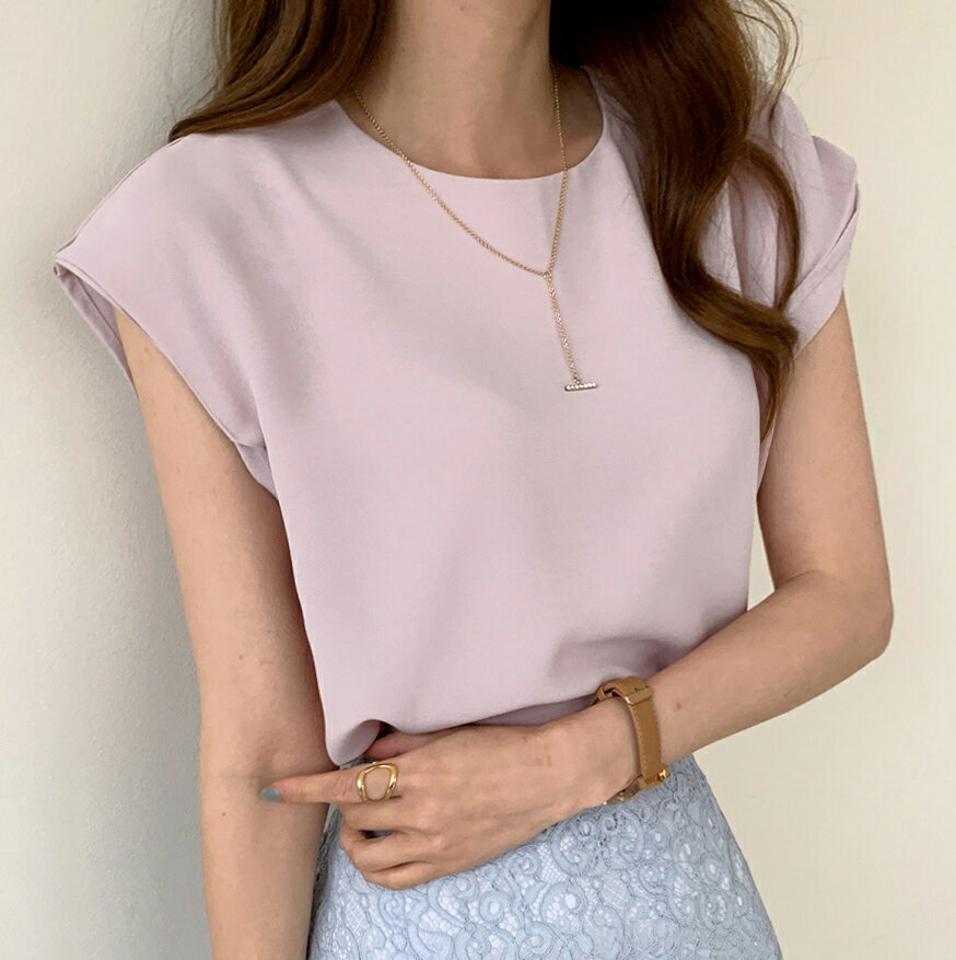 【10%OFF】フレンチスリーブブラウス・全3色・t00814 レディース 【bl】ブラウス トップス 半袖 フレンチスリーブ 単色 無地 シンプル ベーシック オフィスカジュアル タック ロング丈 上品 春 夏 フェミニン アイボリー 白 韓国ファッション ハイホリHIHOLLI セール SALE