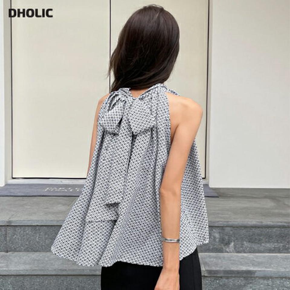 2WAYホルターネックパターンノースリーブ・全2色・b68052 レディース 【tops】トップス スリーブレス ノースリーブ ホルターネック 総柄 りぼん リボン チェーン柄 襟コン フレア 高級感 大人 ハイネック 骨ウェ 骨格ウェーブ 体型カバー お腹カバー 夏 韓国ファッション