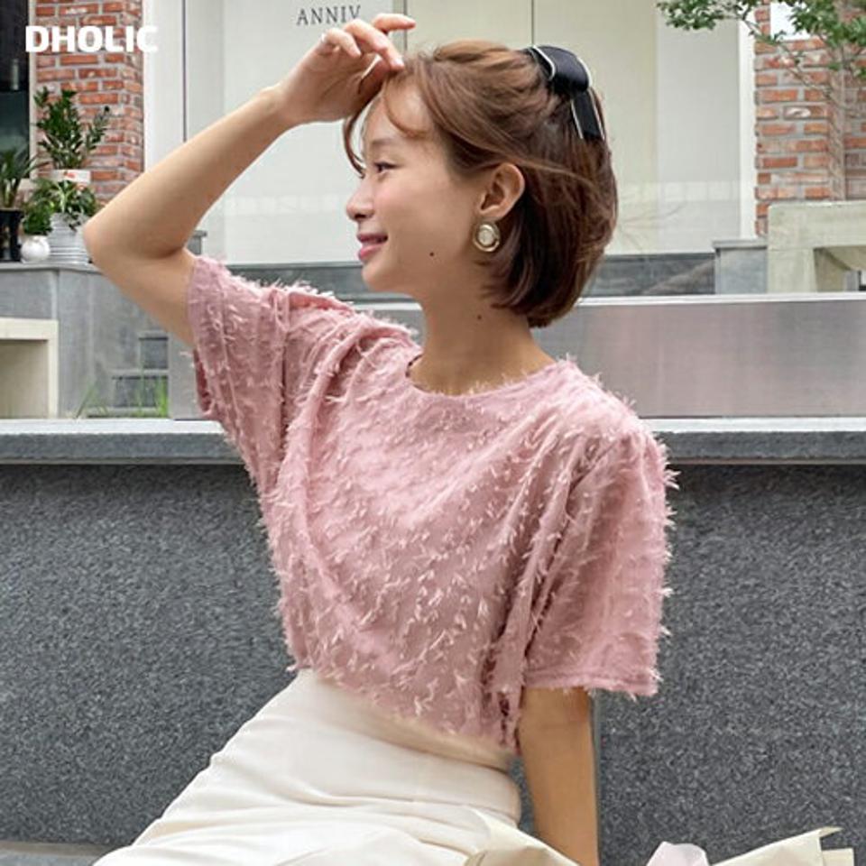 フェザー調シアーブラウス・全3色・t68006 レディース 【bl】トップス ブラウス 半袖 ハーフスリーブ シアー フェザー調 ユニーク テクスチャ— ラウンドネック シンプル パフスリーブ 可愛い かわいい 高級感 ピンク 夏 韓国ファッション