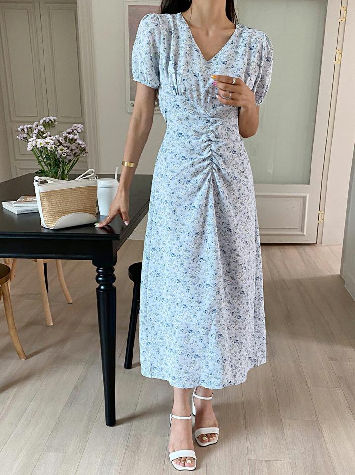 小花柄シャーリングパフワンピース・全2色・t68012 レディース 【ops】ワンピース ロング丈 ロングワンピース 半袖 シャーリング 花柄 パフスリーブ フェミニン レトロ かわいい Vネック 小花柄 黄色 夏 韓国ファッション
