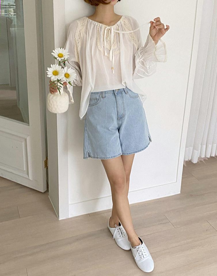 ストリング付刺繍レースパフブラウス・全1色・t68009 レディース 【bl】トップス ブラウス 長袖 袖コン レース 刺繍 ストリング 花柄 フェミニン カントリー ガーリー ラウンドネック オフショルダー ラグラン 肩出し 春 夏 韓国ファッション